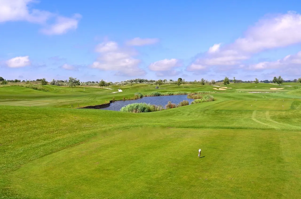 Golfbane med teeboks, fairway, vandhazard og bunkers