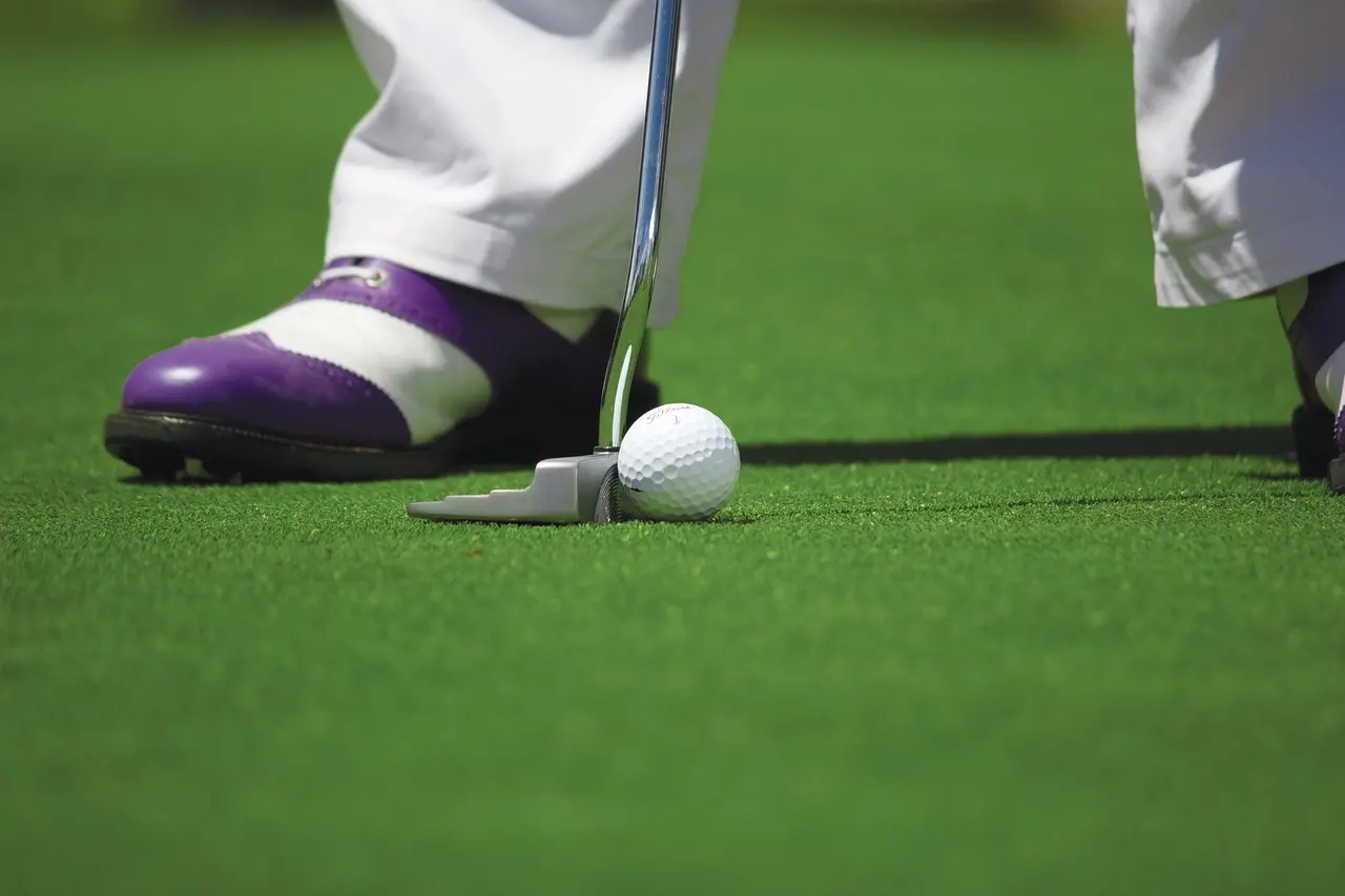 Golfbold og putter på green med golfsko